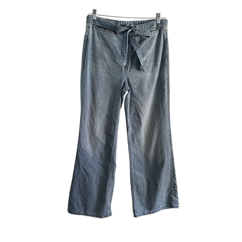 &Denim H&M Women 30 Blue Light Wash Zip Front Belted High Waist Wide Leg Jeans